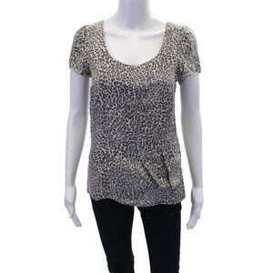 Gemma Womens Silk Animal Print Scoop Neck Short Sleeve Blouse Top Gray Size XS